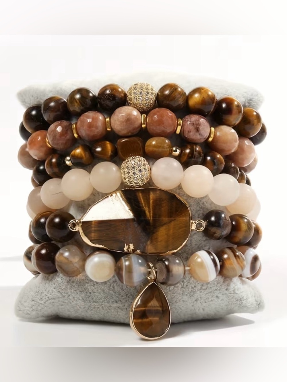 Bohemian Stacked Brown Tiger Eye & Rose Quartz Beaded Bracelet Stack